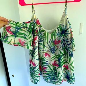 Cold shoulder blouse with tropical flowers